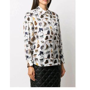 NWT Burberry Monkey Print Silk Shirt, US 2, Luxury Long Sleeve Button-Up Blouse